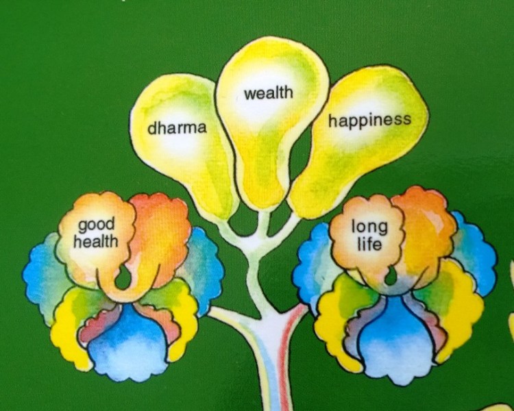 Kolme hedelmää: hengellisyys, vauraus ja onnellisuus.